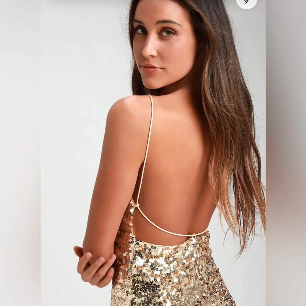 NWT Lulus gold sequined mini dress with open back, Sz. Large. - Picture 5 of 6